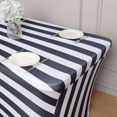 Stretch Spandex 72"x30" Rectangle Tablecloth Black/White Vertical Stripes - Durable Form-Fitting Table Cover for Events & Presentations
