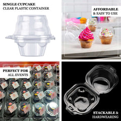 25-Pack Plastic Cupcake Container Boxes Clear - Single Clamshell-Packaging with Stackable Dome Lid for Events & Bakeries 4"