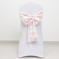 Polyester Chair Sashes White/Pink French Toile Floral Design - Wrinkle-Resistant & Durable Chair Bows 6"x108"