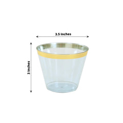 25-Pack Plastic Party Cups Transparent Dusty Blue Crystal with Gold Rim - Stylish Short Disposable Glasses 9oz