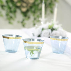 25-Pack Plastic Party Cups Transparent Dusty Blue Crystal with Gold Rim - Stylish Short Disposable Glasses 9oz