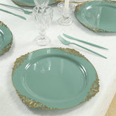20-Pack Economy Plastic Round Charger Plates 13" in Dusty Sage Green with Gold Embossed Baroque Rim, Stylish Dinner Party Serving Plates