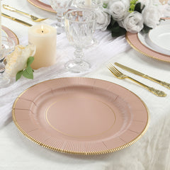 25-Pack Disposable Round Charger Plates in Dusty Rose Sunray Design with Gold Rim - 350GSM Heavy Duty Paper Chargers 13"