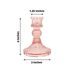 6-Pack Glass Taper Candlestick Holders Diamond Pattern Design Dusty Rose - Reversible Crystal Pillar Votive Stands 4"