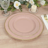 25-Pack Paper 10" Round Dinner Plates in Dusty Rose Sunray Design with Gold Rim - Disposable Heavy Duty 350GSM Party Plates