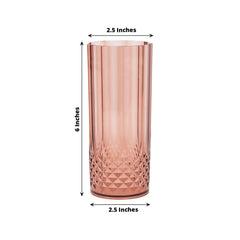 6-Pack Plastic Cocktail Tumblers Dusty Rose Transparent Crystal Cut Style - Shatterproof Highball Glasses 14oz