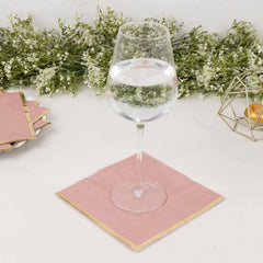 50-Pack Paper Beverage Napkins with Gold Foil Edge Dusty Rose - Disposable 2 Ply Cocktail Napkins for Events 6.5"x6.5"