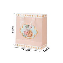 12-Pack Favor Bags Vintage Rose Floral Tea Party, Dusty Rose Paper Goodie Gift Bags with Ribbon Handles, 6"x7"x3"