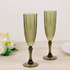 6-Pack Plastic Wedding Toast Flutes Dusty Sage Green Transparent Crystal Cut Style - Reusable Champagne Glasses 8oz