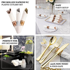 Set of 24 Gold Plastic Silverware with Pre-Rolled Black Paper Napkins - Disposable Wrapped Fork, Spoon, and Knife Set