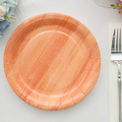 25-Pack Paper 7" Round Dessert Plates in Natural Wood Grain Print - Disposable Appetizer Salad Plates for Rustic Farmhouse Style Events