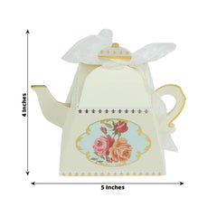 25 Pack 4" Ivory Mini Teapot Favor Boxes, Vintage Rose Gift Boxes with Ribbons