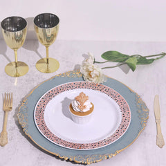 6-Pack Acrylic Round Charger Plates 13" in Dusty Blue with Gold Embossed Baroque Rim, Antique Decorative Dinner Party Charger Tableware