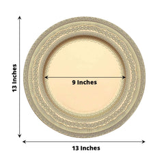 6-Pack Acrylic Round Charger Plates 13" in Gold with Lace Embossed Rim, Rustic Plastic Decorative Charger Tableware