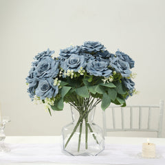 2 Bushes 18" Real Touch Artificial Rose Flower Bouquet, Dusty Blue Silk Long Stem Flower Arrangements
