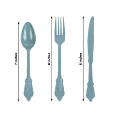 72 Pcs Plastic Silverware Set in Baroque Style Dusty Blue - Heavy Duty Disposable Knife, Fork, and Spoon Set