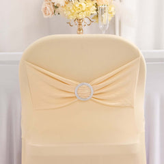 Stretch Spandex Chair Cover Beige for Folding Chairs - Secure Fit Slipcover with Silver Rhinestone Buckled Sash Band