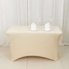 Stretch Spandex 48"x30" Rectangle Tablecloth Beige - Durable Form-Fitting Table Cover