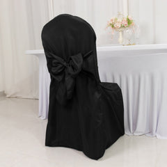 10-Pack Polyester Slip-On Banquet Chair Covers with Attached Sashes – Black Reusable Stain-Resistant Covers for Wedding & Event Decor