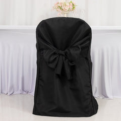 10-Pack Polyester Slip-On Folding Chair Covers with Attached Sashes – Black Durable Reusable Covers for Wedding & Event Decor