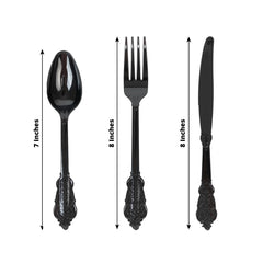 72 Pcs Plastic Silverware Set in Baroque Style Black - Heavy Duty Disposable Knife, Fork, and Spoon Set
