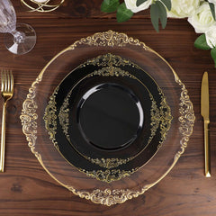 10-Pack Plastic 10" Round Dinner Plates in Black with Gold Leaf Embossed Rim - Disposable Vintage Baroque Style Plates for Luxurious Gatherings & Events