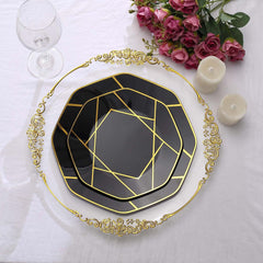 10-Pack Plastic 8" Octagon Dessert Plates in Black - Modern Disposable Salad/Appetizer Plates with Gold Geometric Design for Special Occasions & Celebrations