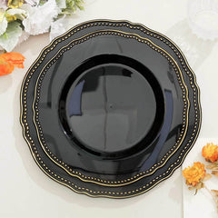 10-Pack Plastic Dinner Plates in Black with Gold Scalloped Rim - Disposable Party Plates for Upscale Events & Banquets 9"
