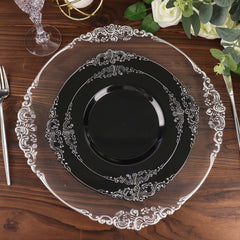 10-Pack Plastic 10" Round Dinner Plates in Black with Silver Leaf Embossed Rim - Disposable Vintage Baroque Style Plates