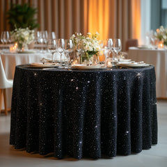 Scuba Round Tablecloth 120″ Black with Rhinestone Accents – Seamless, Wrinkle-Free, Stain-Resistant Event Linen