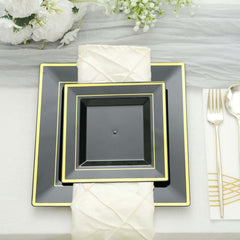 10-Pack Plastic Salad Dessert Plates Black Square with Gold Trim - Durable Disposable Appetizer Plates 7"