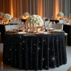 Scuba Round Tablecloth 132″ Black with Rhinestone Accents – Seamless, Wrinkle-Free, Stain-Resistant Event Linen