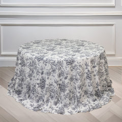 Polyester 132" Round Tablecloth White - Black French Toile Pattern for Chic Weddings