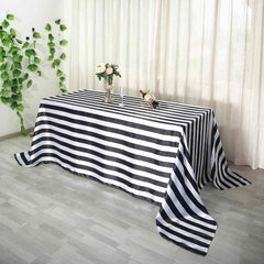 Satin 90"x156" Rectangle Tablecloth Black/White - Stripe Design with Seamless Finish Table Cover