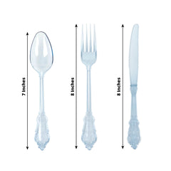 72 Pcs Plastic Silverware Set in Baroque Style Transparent Dusty Blue - Heavy Duty Disposable Knife, Fork, and Spoon Set
