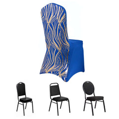 Spandex Chair Cover with Wave Embroidered Sequins for Banquet Chairs Royal Blue/Gold - Glittering Stretch Fitted Slipcover
