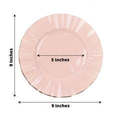 10-Pack Plastic 9" Round Dinner Plates in Blush Ruffled Rim with Gold Edging - Sturdy Disposable Dinnerware