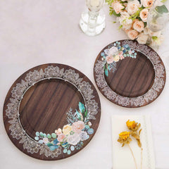 25-Pack Paper 10" Round Dinner Plates in Brown Wood Print with Floral Lace Rim - Disposable Party Plates for Farmhouse Weddings & Rustic Themes