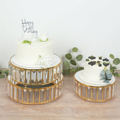 Set of 3 Gold Metal Crystal Pendant Cake Stands with Mirror Top, Stackable Round Dessert Display Trays - 9",11",12"