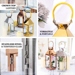 Stainless Steel Candle Lantern Crown Top Design Gold - Outdoor Metal Patio Lantern Centerpiece 8"