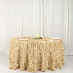 Taffeta 132" Round Tablecloth Champagne | 3D Leaf Petal Design Seamless Table Cover