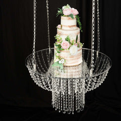 Acrylic Hanging Chandelier Cake Stand with Crystal Drapes - Suspended Round Wedding Cake Swing with 5ft Steel Wire Chains 25"