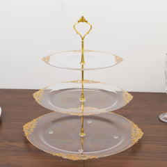 3-Tier Clear Plastic Cupcake Tower Stand with Gold Embossed Baroque Rim, 13" Round Cake Dessert Holder Display Stand Tiered Serving Tray with Top Handle