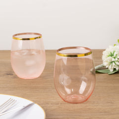 12-Pack Plastic Wine Tumblers Transparent Blush with Gold Rim - Reusable Drinkware 12oz