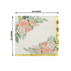 20-Pack Paper Cocktail Napkins with Pink Peony Floral Design and Gold Trim White - 2 Ply Wedding Beverage Napkins 18GSM