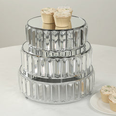 Set of 3 Silver Metal Crystal Pendant Cake Stands with Mirror Top, Stackable Round Dessert Display Trays - 9",11",12"