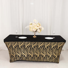 Sequin Stretch Spandex 72"x30" Rectangle Tablecloth Black/Gold Wave Embroidered Design Four-Way Stretch Shimmering Table Cover for Luxe Event Decor