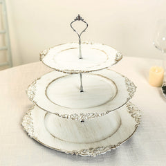 3-Tier Plastic Round Cupcake Stand Whitewashed with Antique Gold Baroque Rim & Top Handle 13"