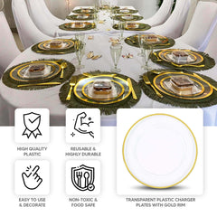 10-Pack Economy Plastic Round Charger Plates 12" in Clear with Wide Gold Rim, Decorative Dinner Party Serving Plates