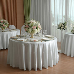 Scuba Round Tablecloth 120″ White with Rhinestone Accents – Seamless, Wrinkle-Free, Stain-Resistant Event Linen